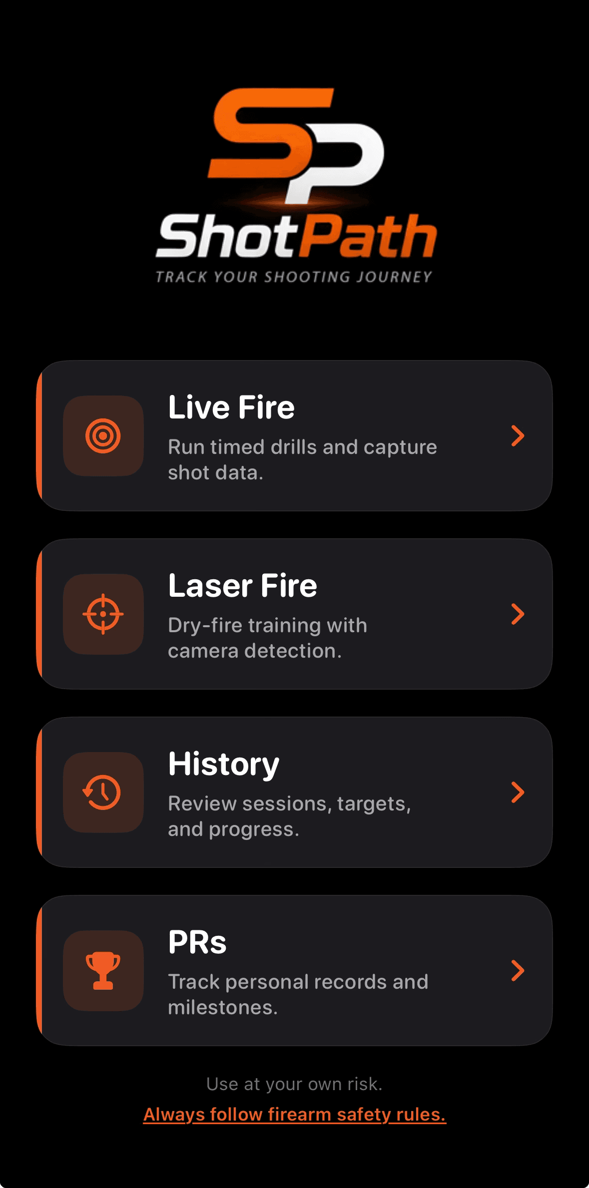 ShotPath home screen showing the main training dashboard