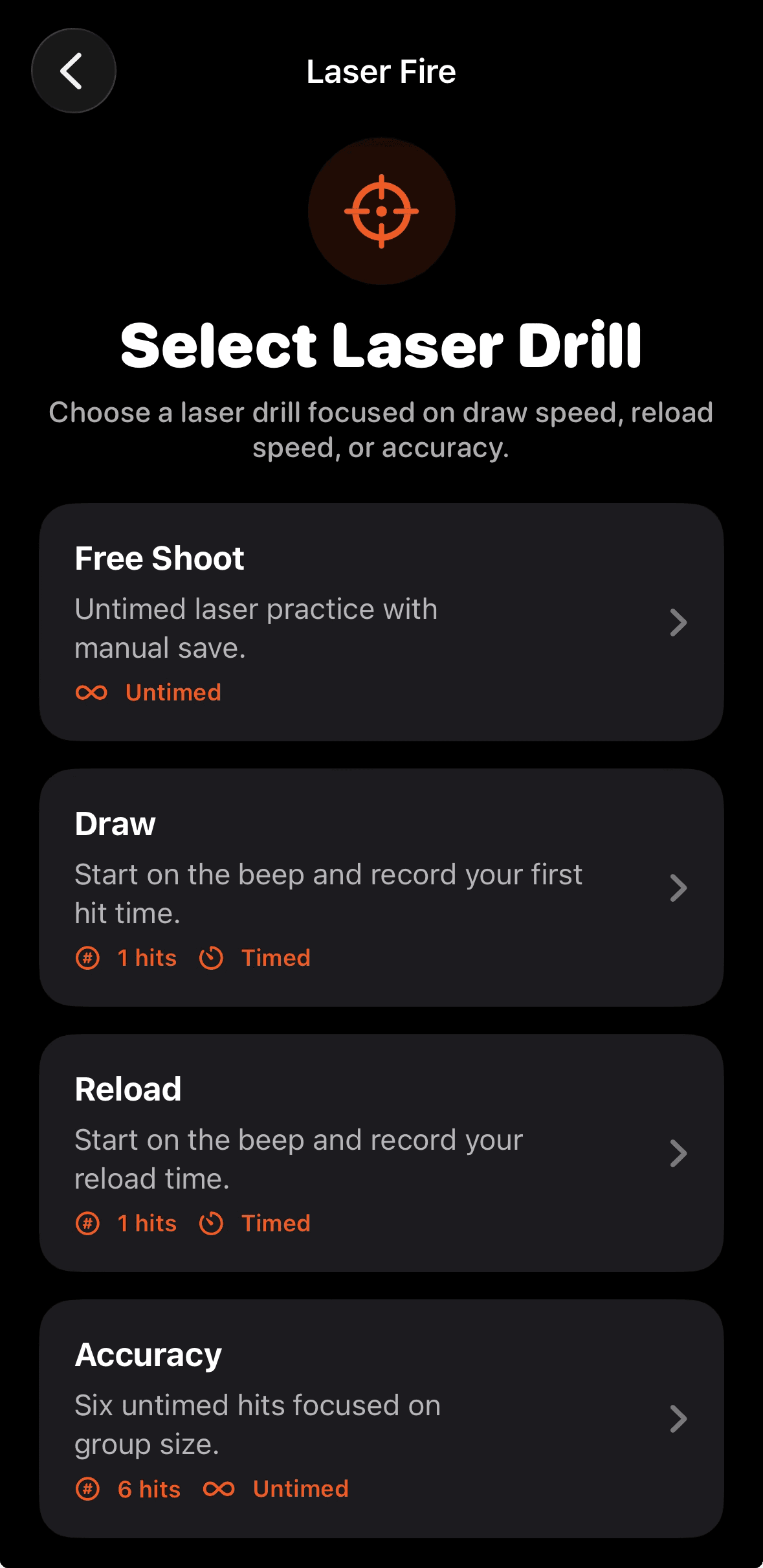 ShotPath laser-fire drill selection page