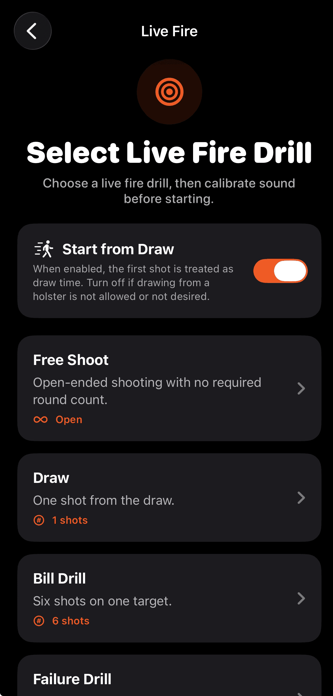 ShotPath live-fire drill selection page